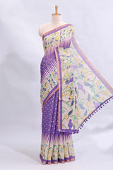Lavender checked motifs bottom floral & birds design linen cotton saree with self zari border and matching checked blouse