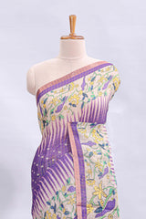 Lavender checked motifs bottom floral & birds design linen cotton saree with self zari border and matching checked blouse
