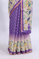 Lavender checked motifs bottom floral & birds design linen cotton saree with self zari border and matching checked blouse