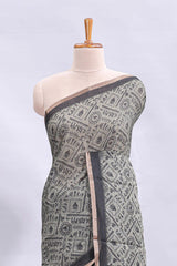 Grey warli tribe design linen cotton saree with contrast zari border and printed blouse