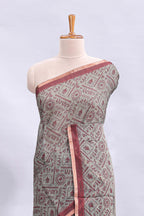 Grey warli tribe design linen cotton saree with contrast zari border and printed blouse