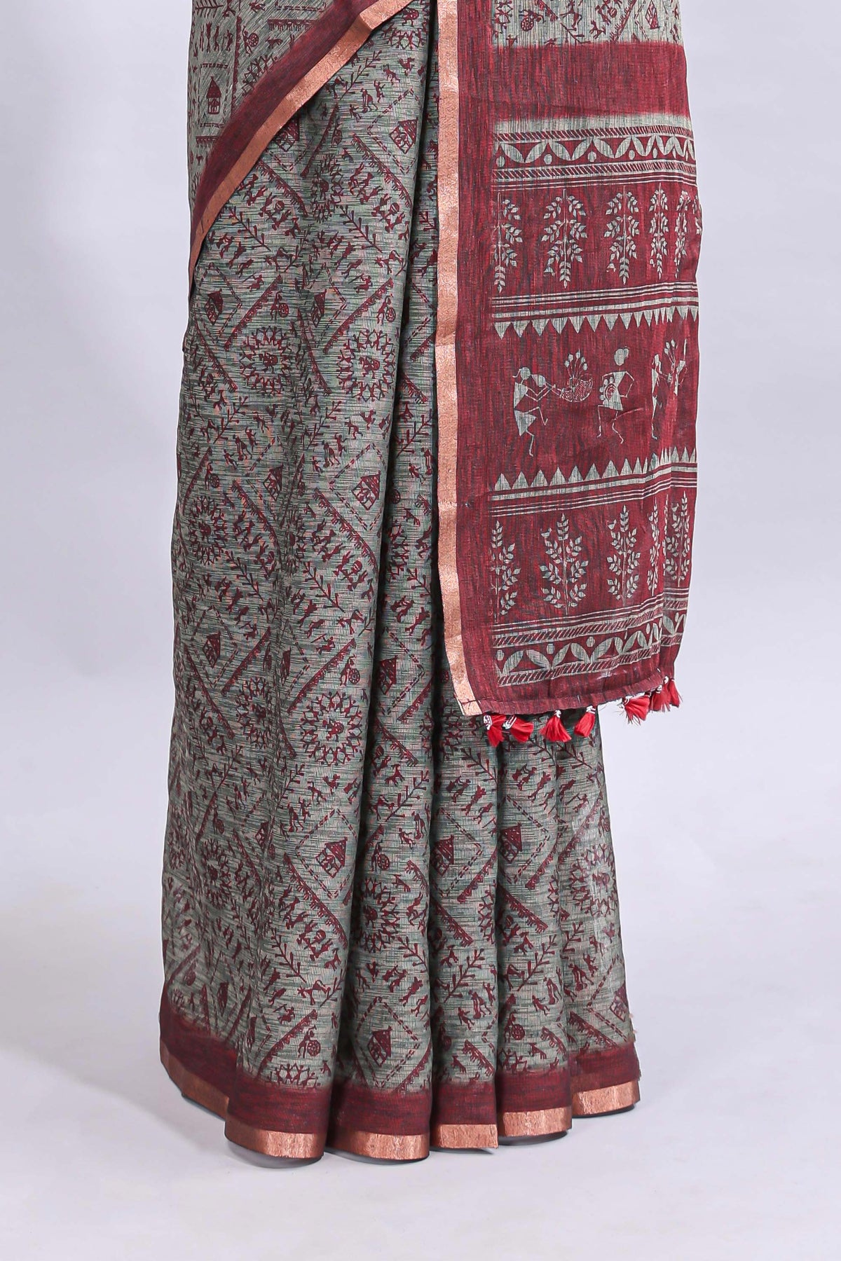 Grey warli tribe design linen cotton saree with contrast zari border and printed blouse