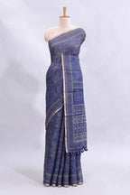 Blue floral design linen cotton saree with self zari border and matching printed blouse