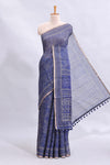 Blue floral design linen cotton saree with self zari border and matching printed blouse