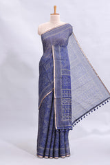Blue floral design linen cotton saree with self zari border and matching printed blouse