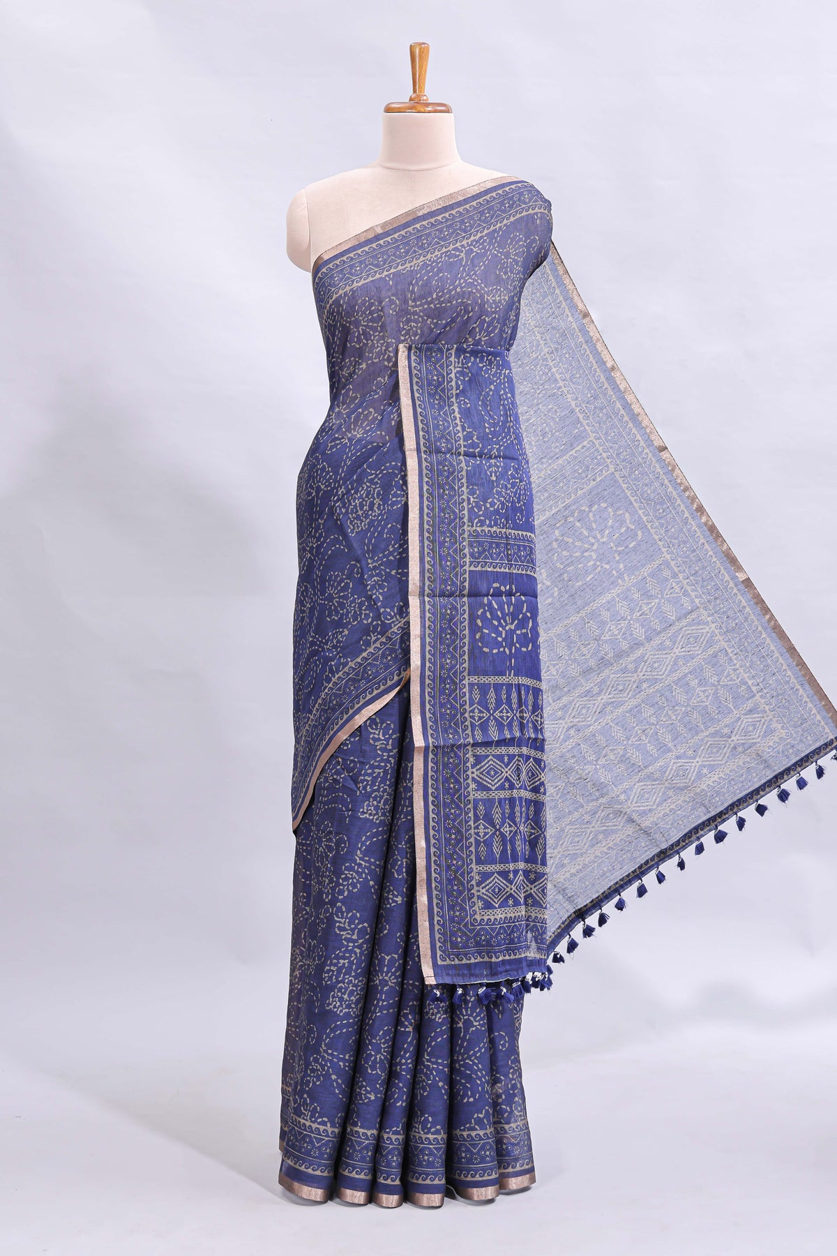 Blue floral design linen cotton saree with self zari border and matching printed blouse