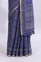 Blue floral design linen cotton saree with self zari border and matching printed blouse