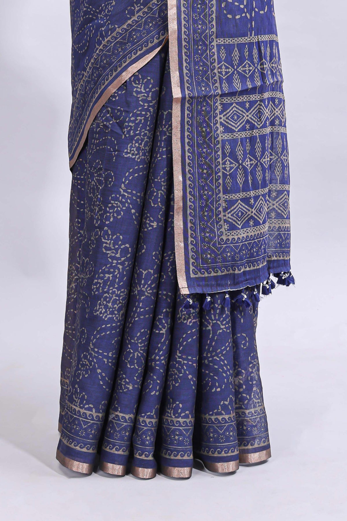 Blue floral design linen cotton saree with self zari border and matching printed blouse