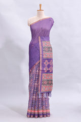 Violet mirror work embroidery design linen cotton saree with self zari border and matching printed blouse