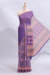 Violet mirror work embroidery design linen cotton saree with self zari border and matching printed blouse
