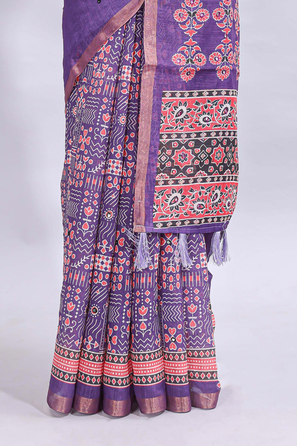 Violet mirror work embroidery design linen cotton saree with self zari border and matching printed blouse