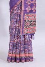 Violet mirror work embroidery design linen cotton saree with self zari border and matching printed blouse