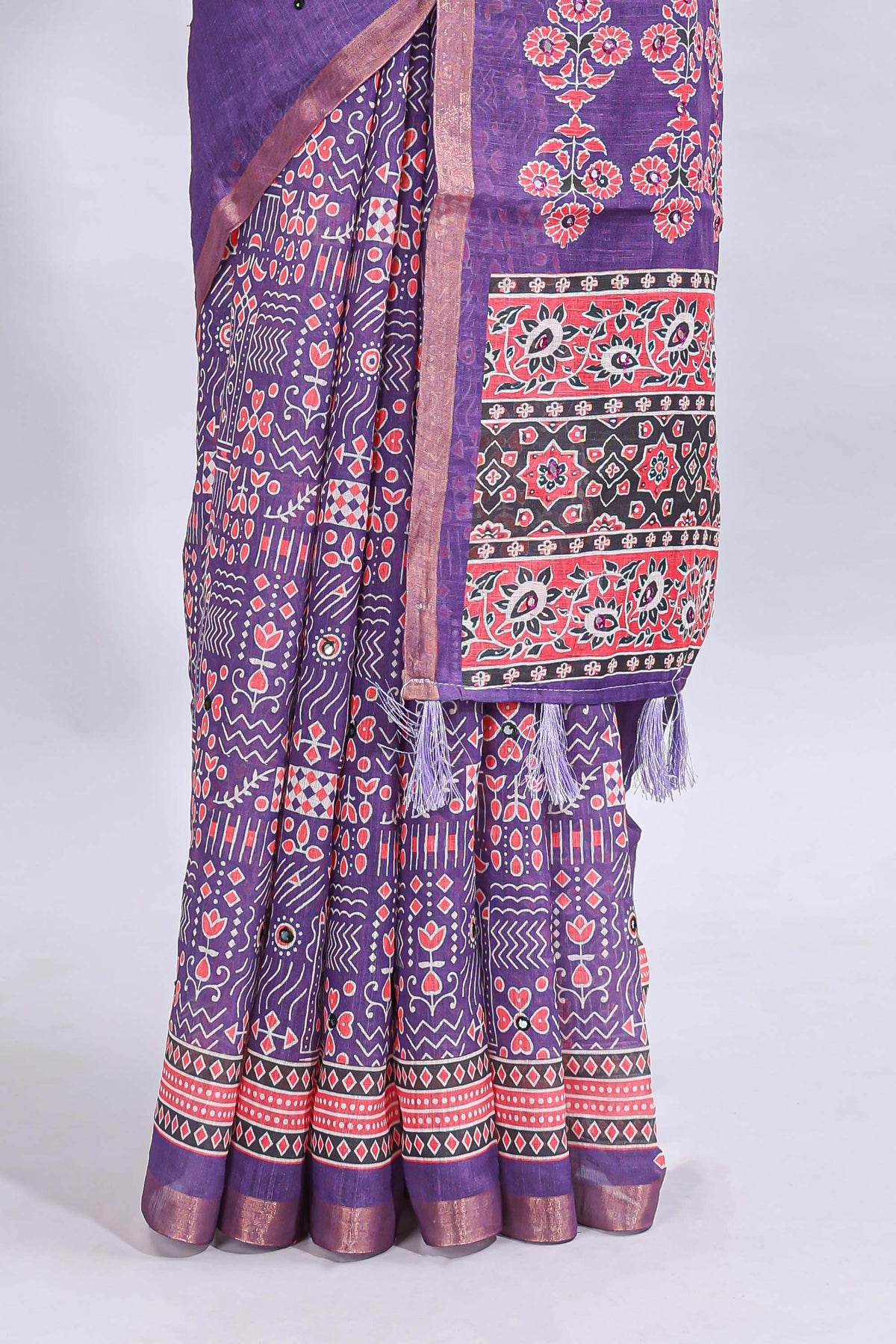 Violet mirror work embroidery design linen cotton saree with self zari border and matching printed blouse