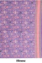 Violet mirror work embroidery design linen cotton saree with self zari border and matching printed blouse