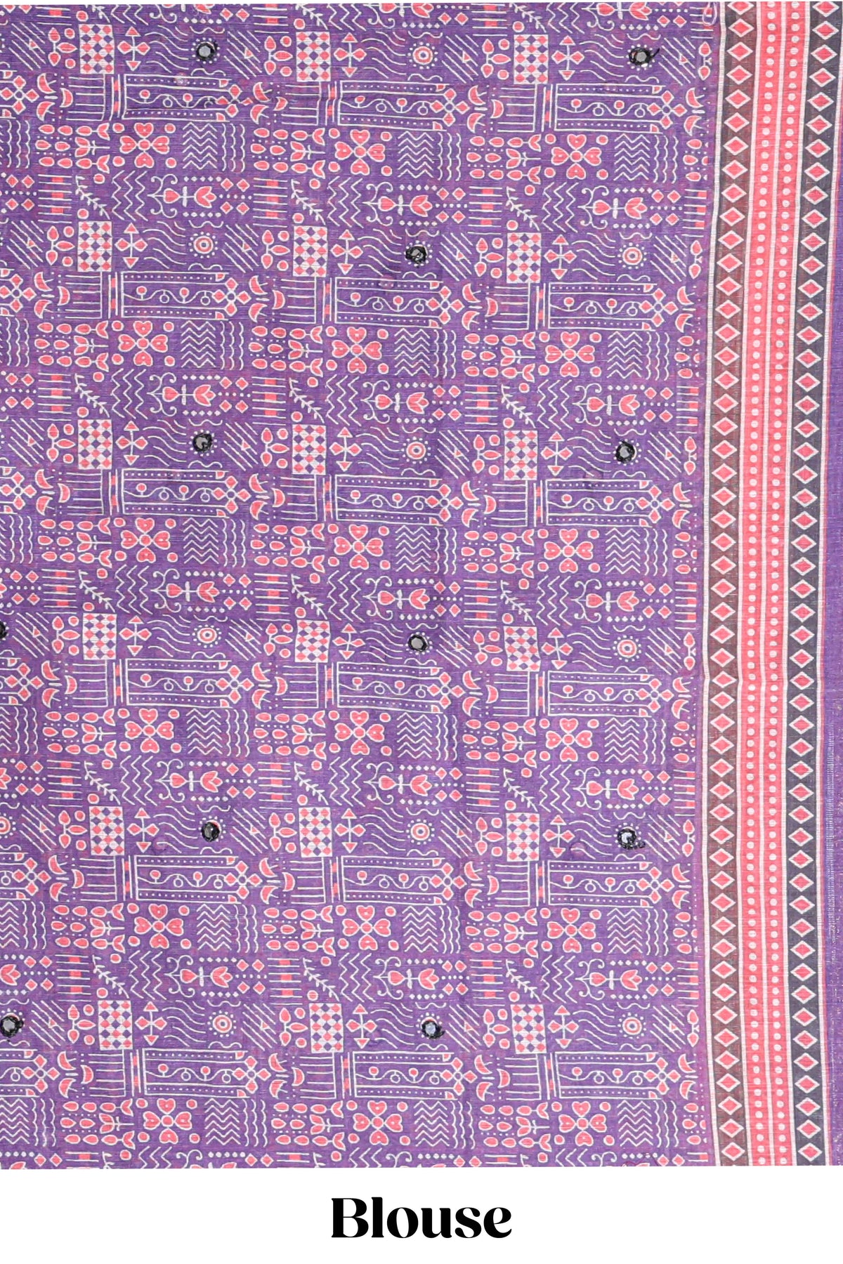 Violet mirror work embroidery design linen cotton saree with self zari border and matching printed blouse