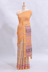 Orange mirror work embroidery design linen cotton saree with self zari border and matching printed blouse