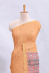 Orange mirror work embroidery design linen cotton saree with self zari border and matching printed blouse