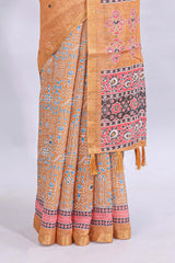 Orange mirror work embroidery design linen cotton saree with self zari border and matching printed blouse