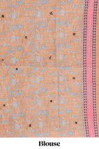 Orange mirror work embroidery design linen cotton saree with self zari border and matching printed blouse