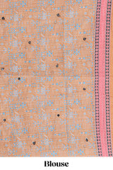 Orange mirror work embroidery design linen cotton saree with self zari border and matching printed blouse