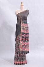 Black mirror work embroidery design linen cotton saree with self zari border and matching printed blouse