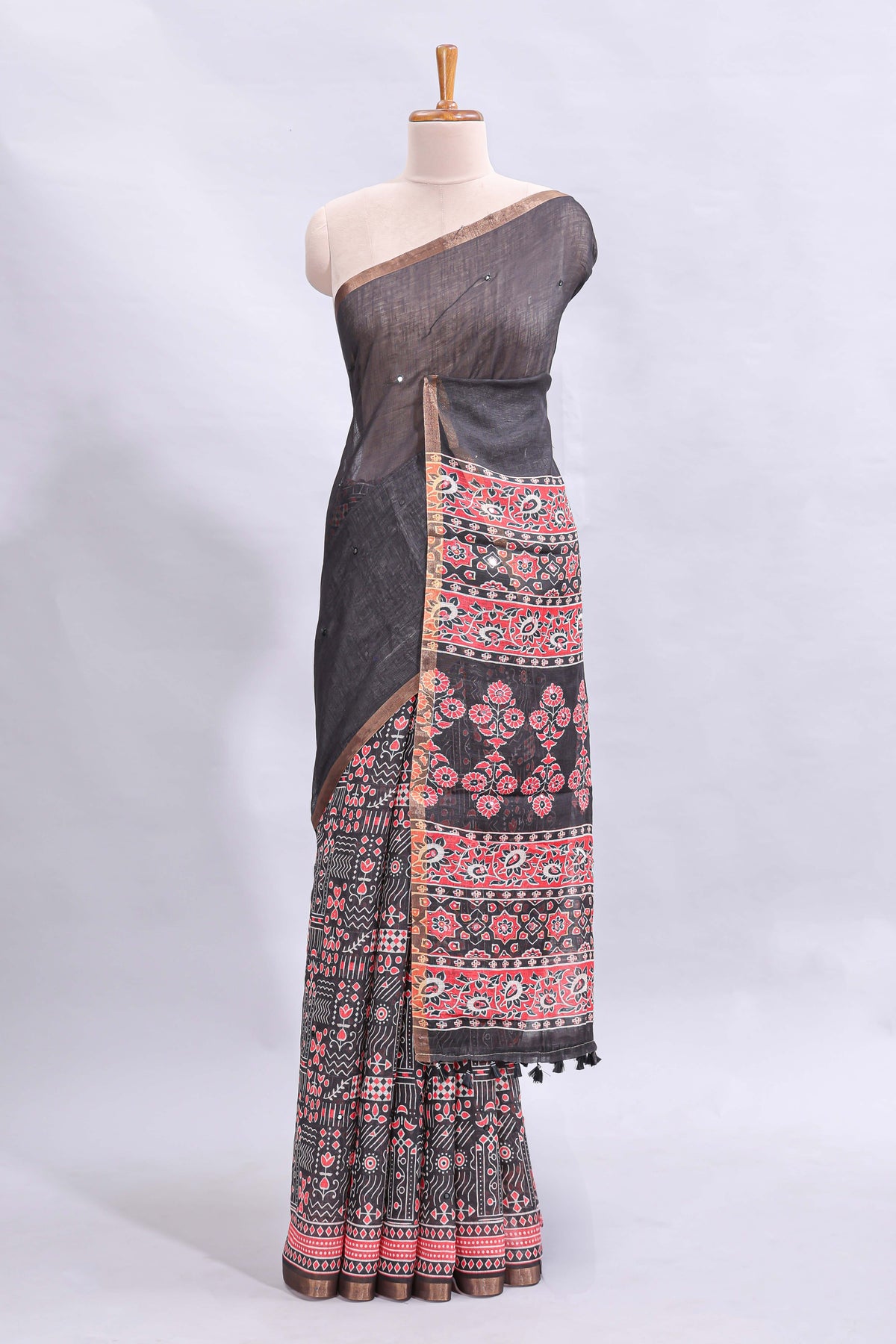 Black mirror work embroidery design linen cotton saree with self zari border and matching printed blouse