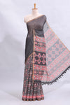 Black mirror work embroidery design linen cotton saree with self zari border and matching printed blouse