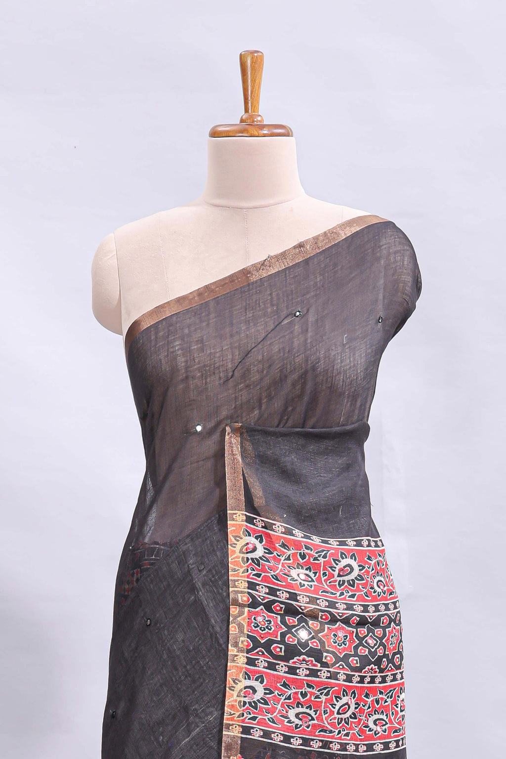 Black mirror work embroidery design linen cotton saree with self zari border and matching printed blouse