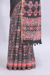 Black mirror work embroidery design linen cotton saree with self zari border and matching printed blouse