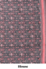 Black mirror work embroidery design linen cotton saree with self zari border and matching printed blouse