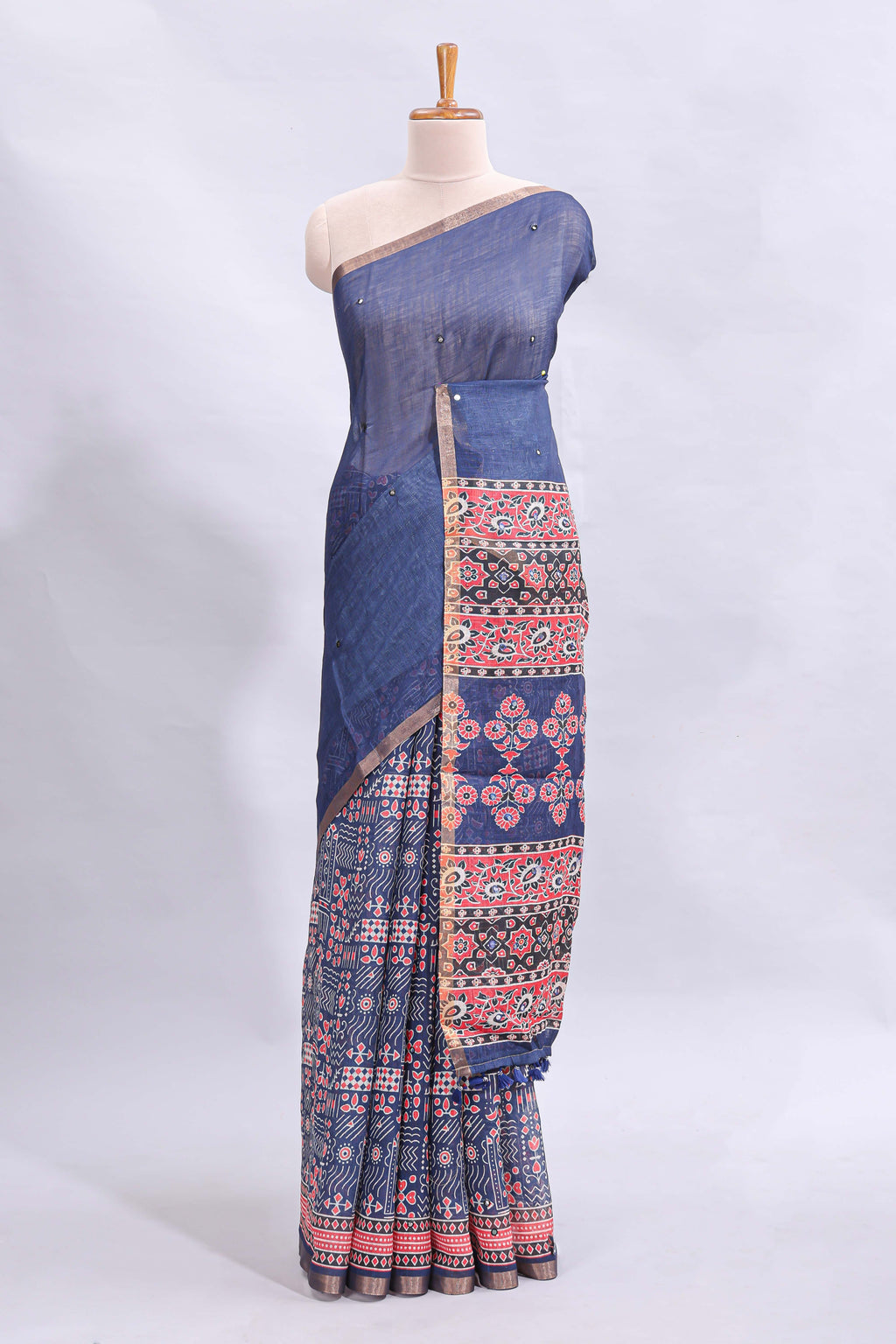 Blue mirror work embroidery design linen cotton saree with self zari border and matching printed blouse