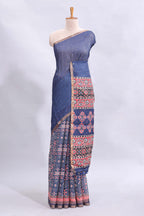 Blue mirror work embroidery design linen cotton saree with self zari border and matching printed blouse