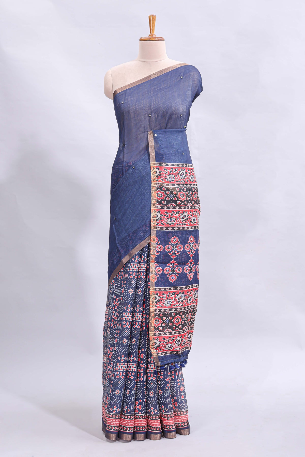 Blue mirror work embroidery design linen cotton saree with self zari border and matching printed blouse