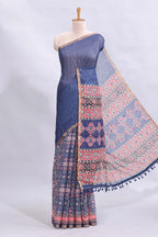 Blue mirror work embroidery design linen cotton saree with self zari border and matching printed blouse