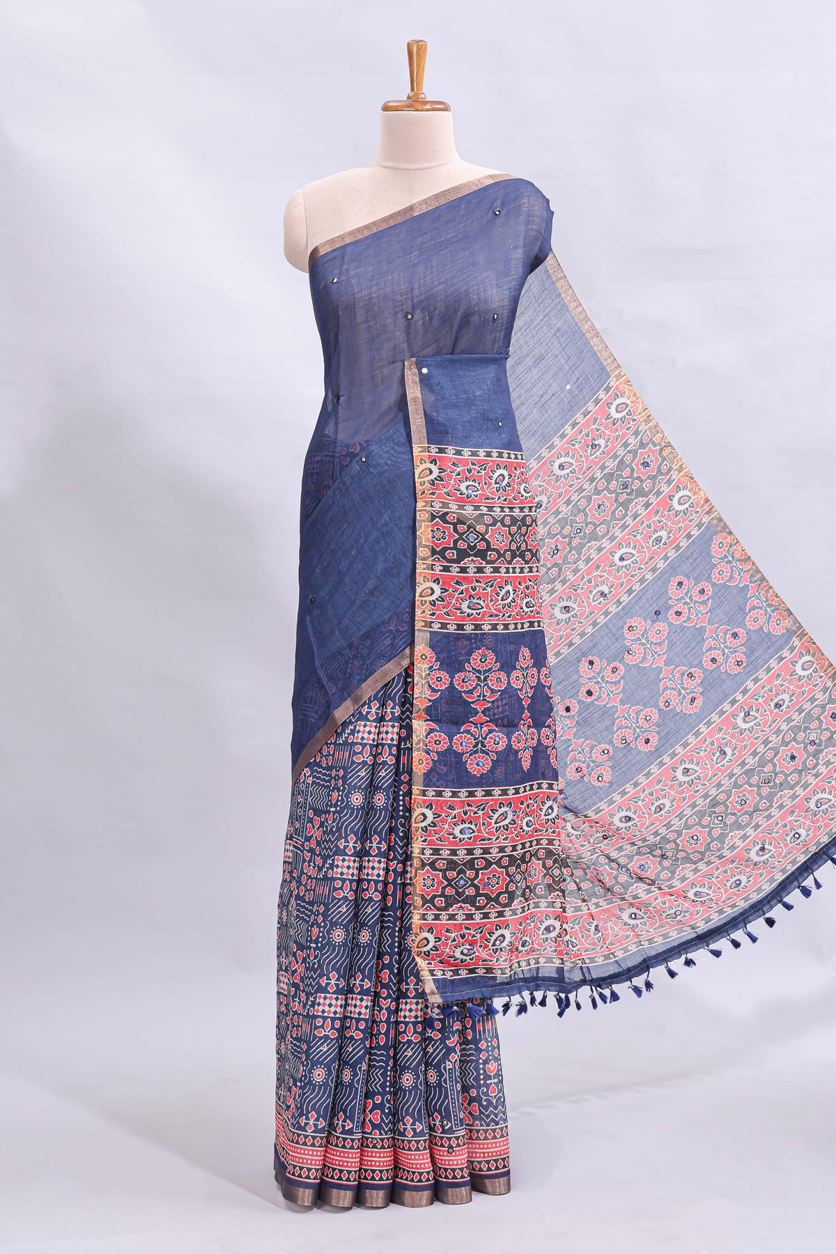Blue mirror work embroidery design linen cotton saree with self zari border and matching printed blouse