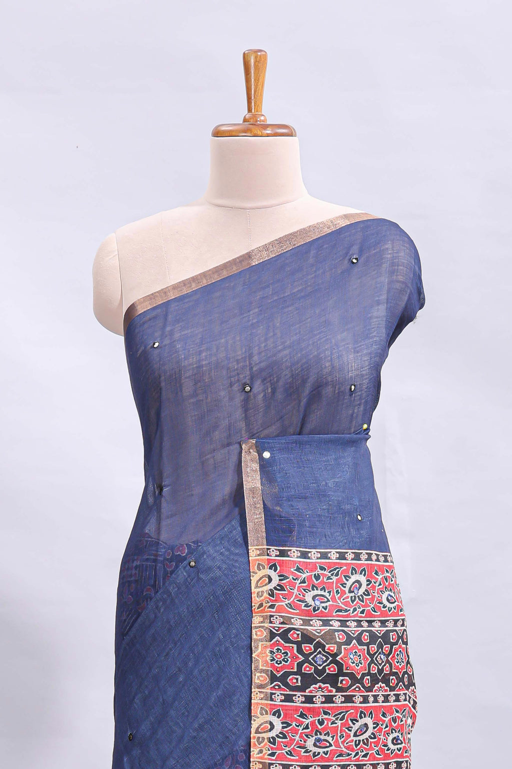 Blue mirror work embroidery design linen cotton saree with self zari border and matching printed blouse