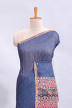 Blue mirror work embroidery design linen cotton saree with self zari border and matching printed blouse