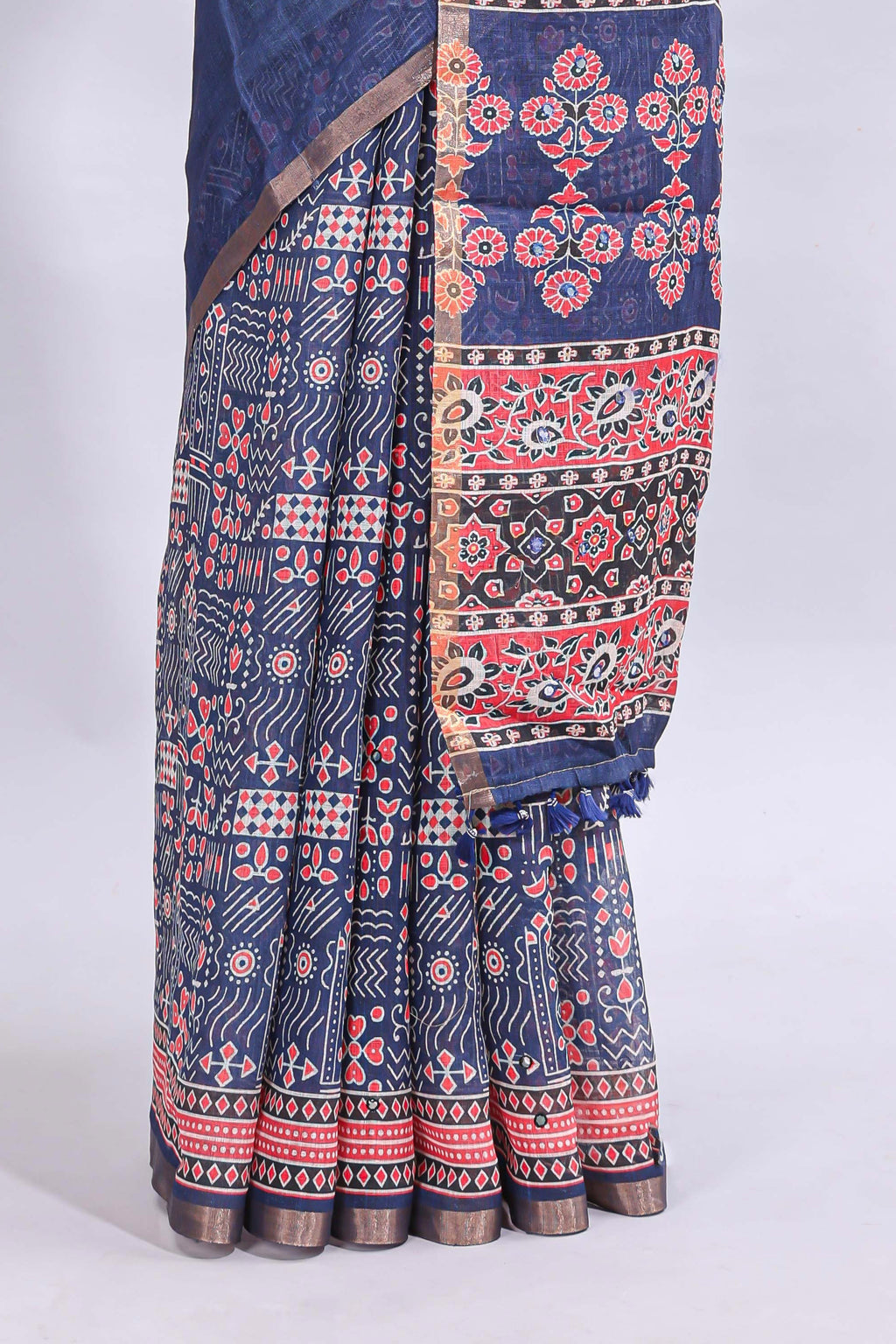 Blue mirror work embroidery design linen cotton saree with self zari border and matching printed blouse