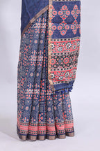 Blue mirror work embroidery design linen cotton saree with self zari border and matching printed blouse