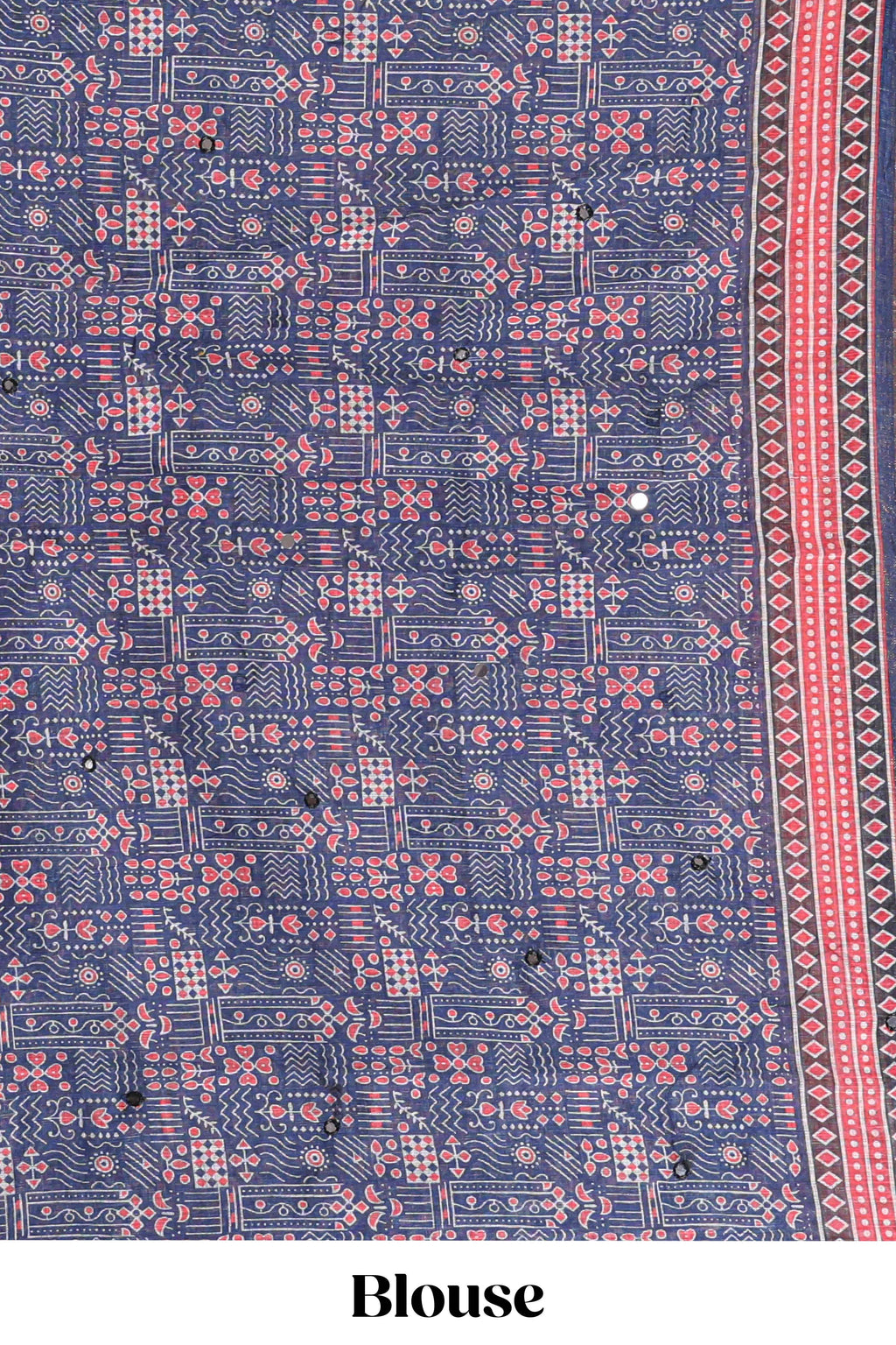 Blue mirror work embroidery design linen cotton saree with self zari border and matching printed blouse