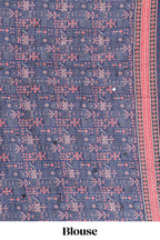 Blue mirror work embroidery design linen cotton saree with self zari border and matching printed blouse