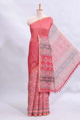 Pink mirror work embroidery design linen cotton saree with self zari border and matching printed blouse
