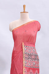 Pink mirror work embroidery design linen cotton saree with self zari border and matching printed blouse