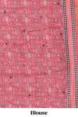 Pink mirror work embroidery design linen cotton saree with self zari border and matching printed blouse
