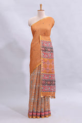 Orange mirror work embroidery design linen cotton saree with self zari border and matching printed blouse
