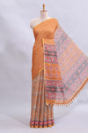 Orange mirror work embroidery design linen cotton saree with self zari border and matching printed blouse