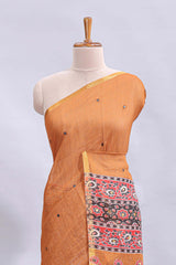 Orange mirror work embroidery design linen cotton saree with self zari border and matching printed blouse