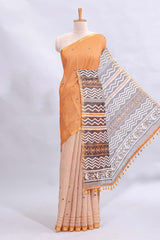Orange mirror work embroidery design linen cotton saree with self zari border and matching checked blouse