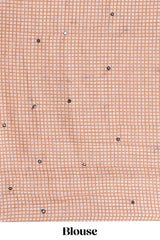 Orange mirror work embroidery design linen cotton saree with self zari border and matching checked blouse