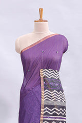 Purple mirror work embroidery checked design linen cotton saree with self zari border and matching checked blouse